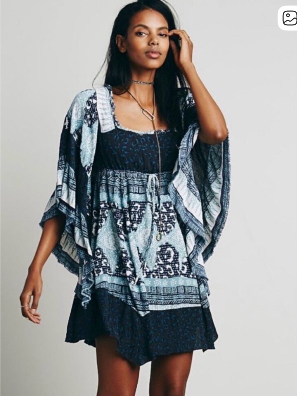 Free People “Heart of Gold” Light Blue & Navy Printed Baby Doll Dress